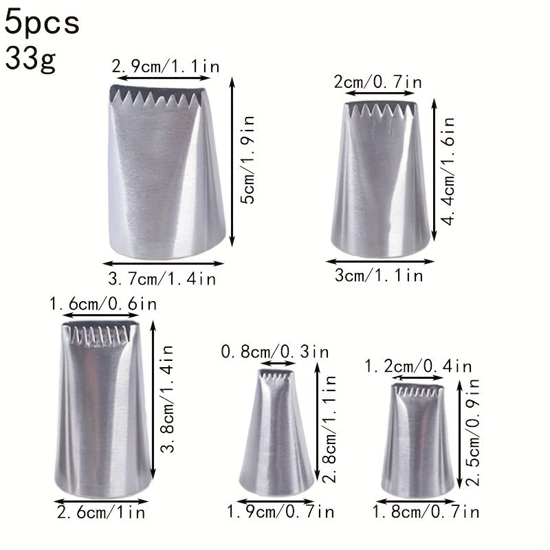 Набор из 5 насадок для труб из нержавеющей стали — идеально подходит для сложного украшения торта с зубчатыми и плоскими краями. Идеально подходит для празднования дней рождения и годовщин, включает в себя основные принадлежности для украшения торта.