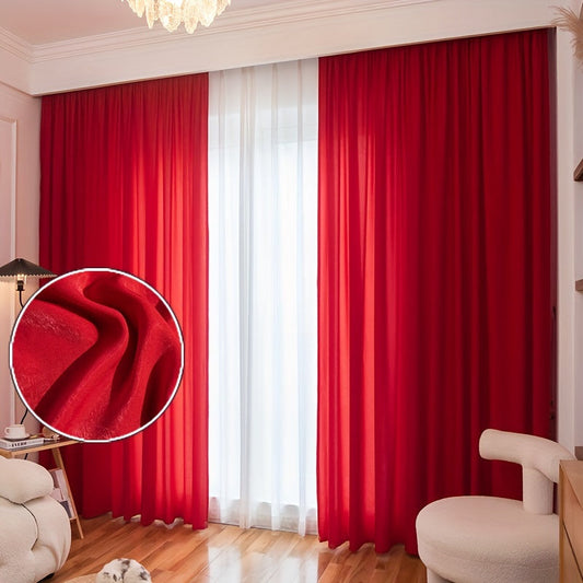 Luxurious Red Velvet Curtain with UV Protection, Light-Filtering, Easy Machine Washable - Featuring Rod Pocket Design for Elegant Living Room Décor.