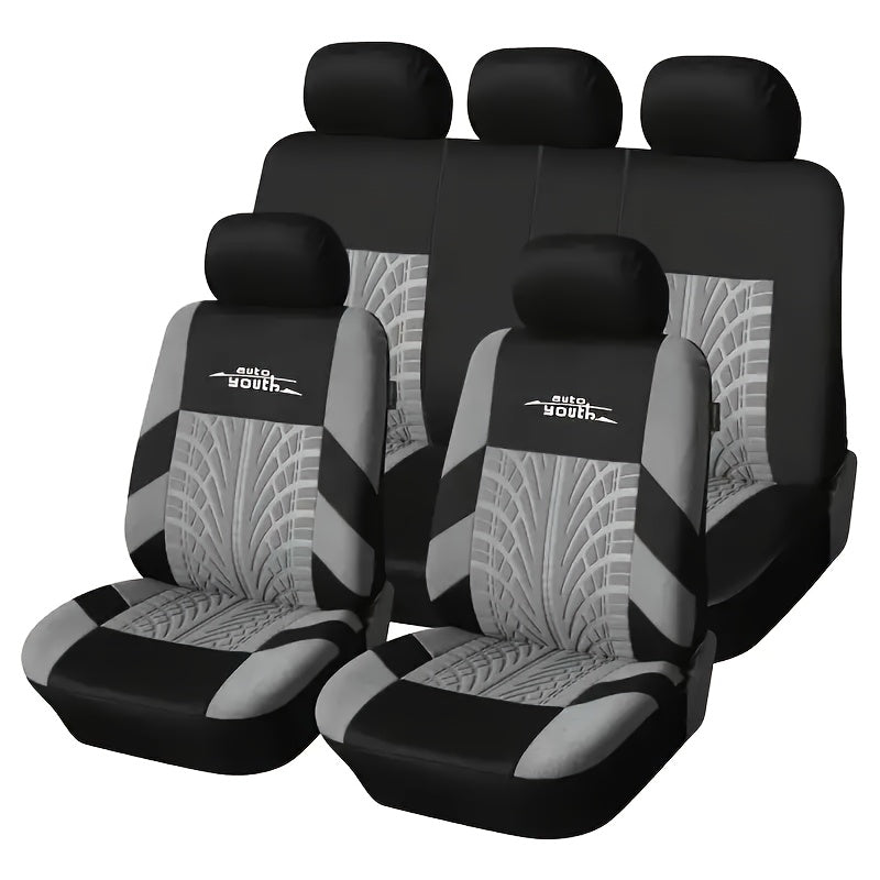 Durable 5-seat car & SUV seat covers made from breathable polyester with tire tread design for easy care.