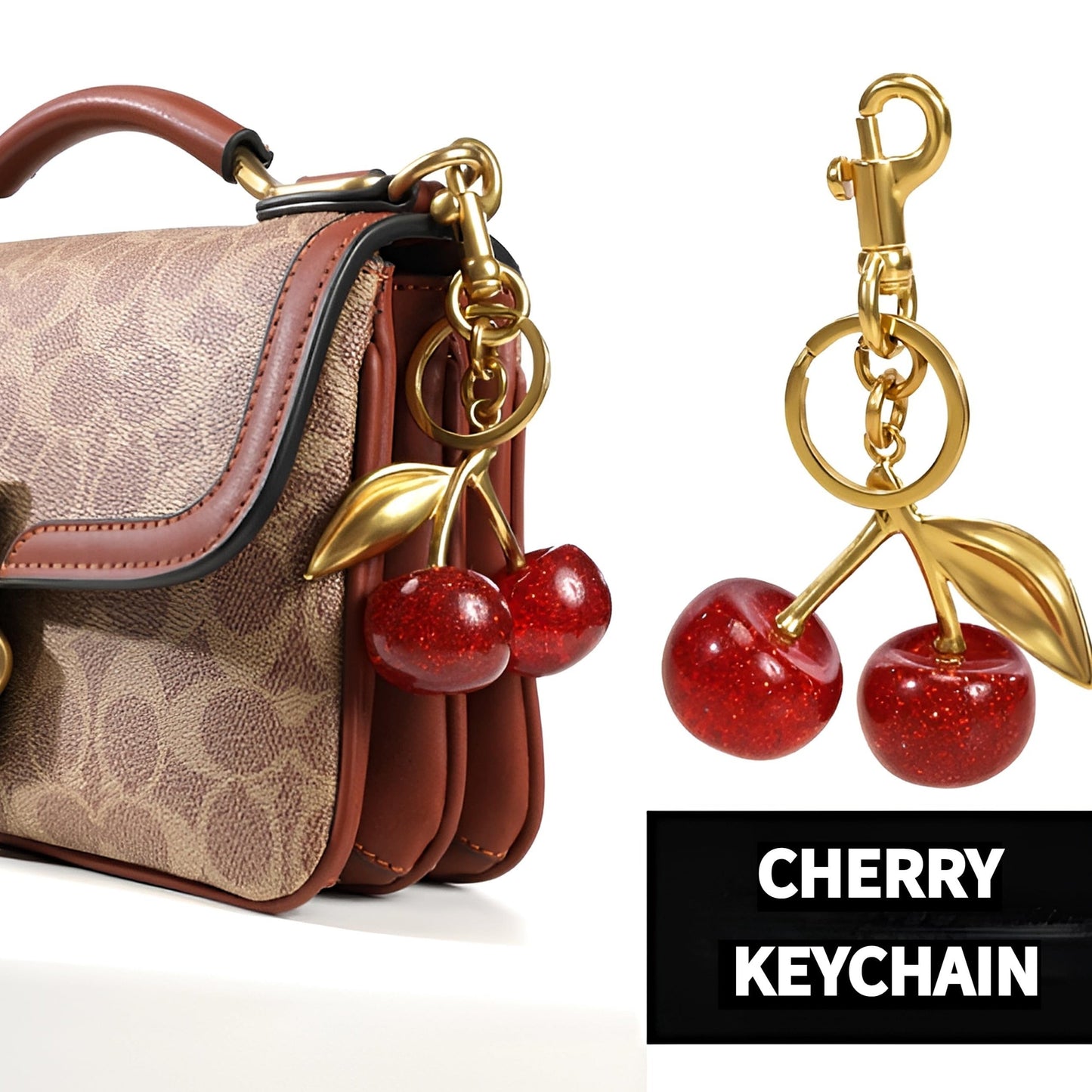 Add a touch of sparkle to your handbag with the TASAHNI Sparkling Cherry Keychain Charm. This stylish resin and metal fashion accessory features a lobster clasp for easy attachment. Perfect as a decorative women's key ring, this single piece is ideal for