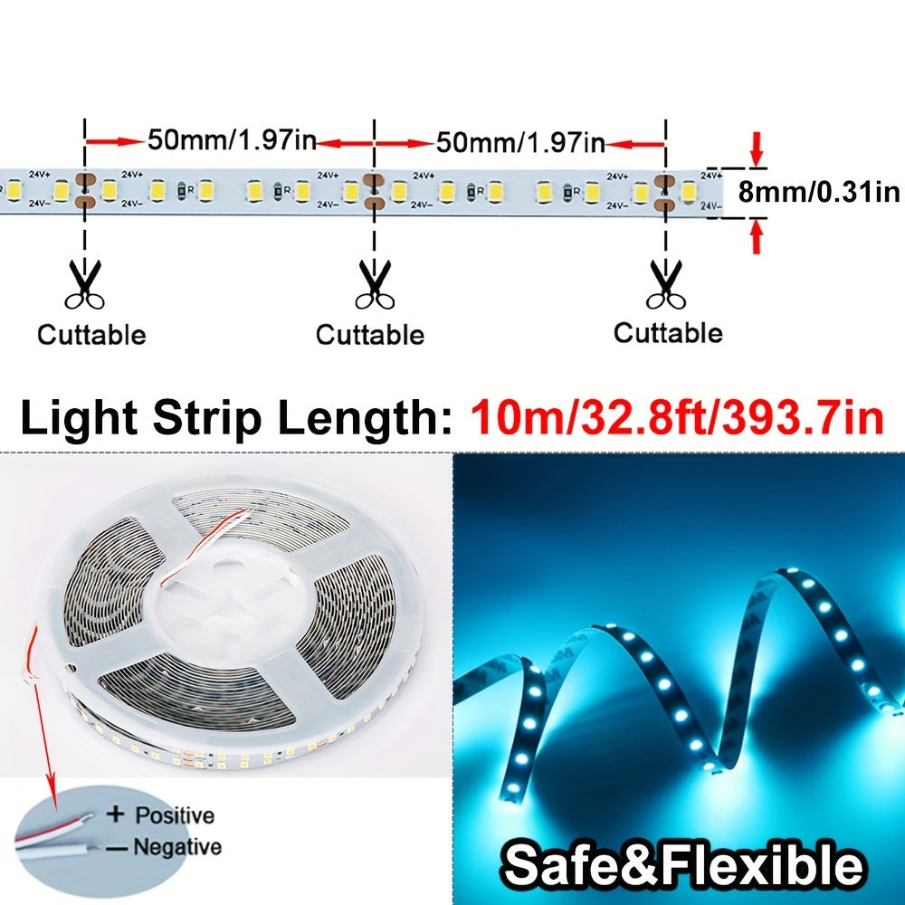 32.8ft/10m LED light strips, 24V, 2835 120LED/M, for home decor, plastic material, DC power.