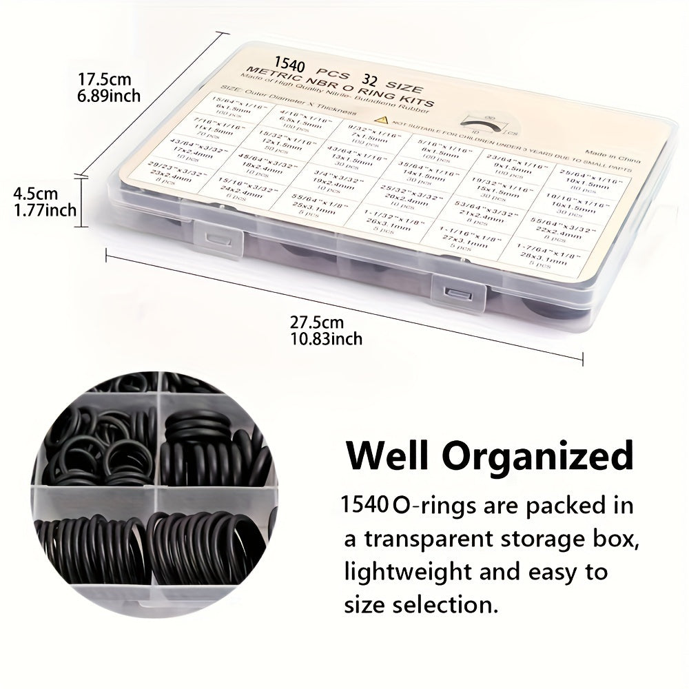 Large O-Ring Kit with 1540 Pieces and Tools for Various Applications, Includes 32 Sizes of Metric NBR Rubber O-Rings