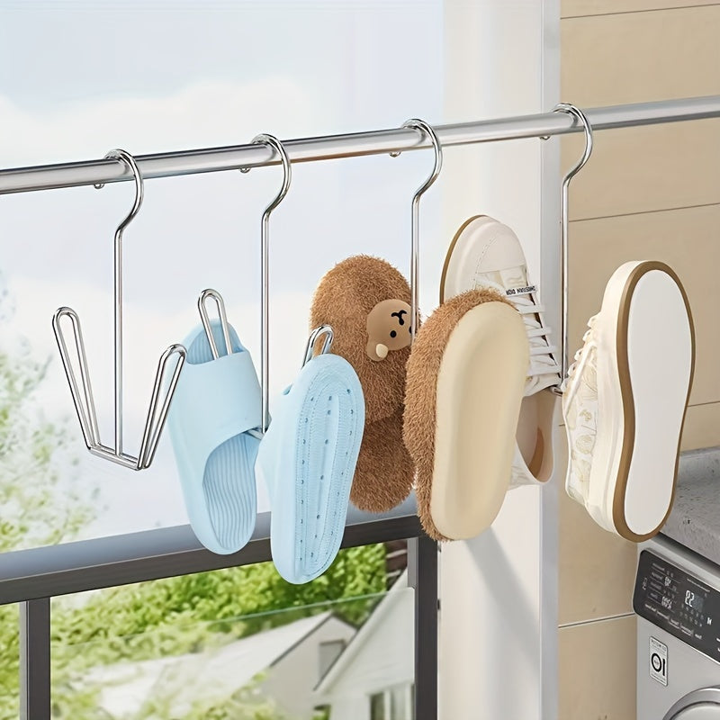 Three stainless steel shoe rack hangers designed for space-saving storage and drying in closets. Perfect for home and laundry organization, storing shoe boxes, household accessories, and drying racks.