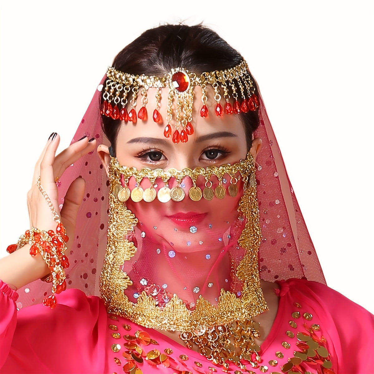 Women's Belly Dance Coin Face Covering Veil for Exotic Western Cosplay Dance Performance