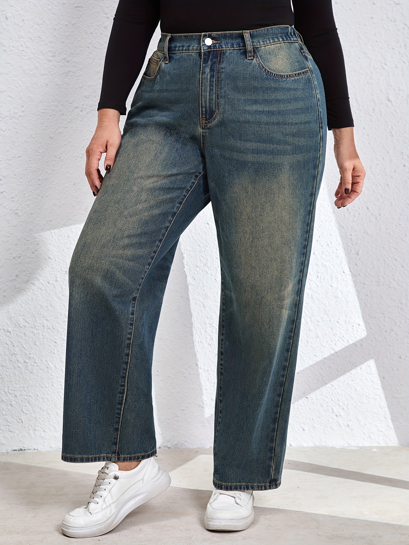 Kiki Angel Straight Leg Jeans, Plus Size, Casual Washed Denim, Solid Color, for Fall/Winter