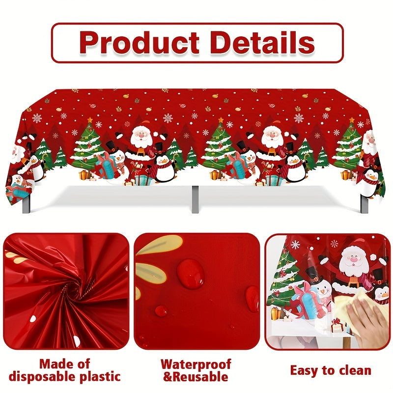 1 piece Christmas tablecloth featuring Santa, penguin, and snowflake design on red background. Made of smooth polyester, measuring 130x220cm. Ideal for parties, gifts, and home decor.