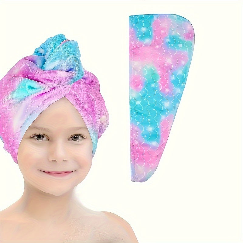 Printed microfiber hair towel for kids with quick-drying soft fabric, and button hair bandana for girls to wrap wet hair in salon.