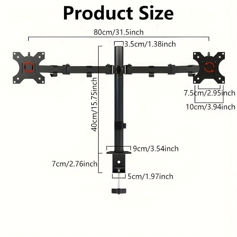 Adjustable dual-monitor desktop stand with clamp design and iron construction for office use.