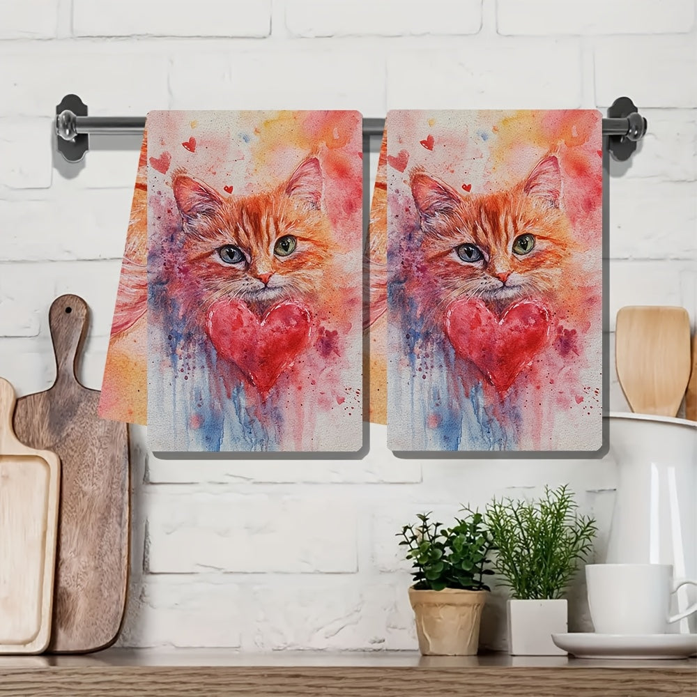 Pair of 2 Ultra-Soft Kitchen Towels with Adorable Kitty Design, Ideal for Valentine's Day. These Highly Absorbent Dish and Hand Towels are Great for Holiday Decor, Machine Washable, and Measure 40.64X60.96 cm.