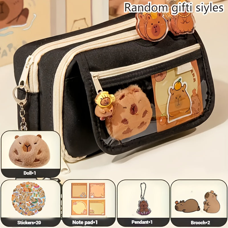 6-piece Capybara pencil case set with zipper, includes canvas bag, transparent storage box with compartment, doll, stickers, clips, and notepad.