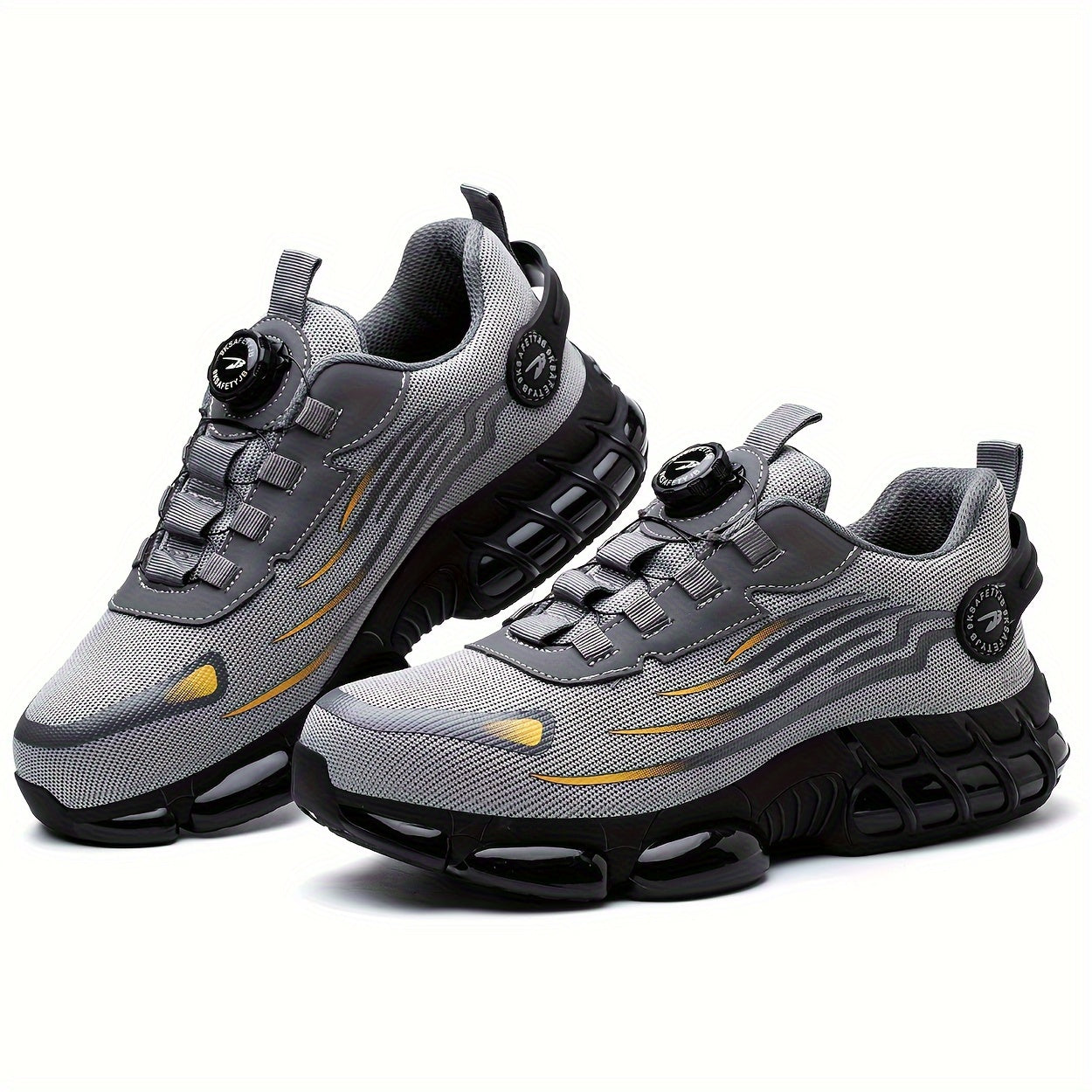 Steel toe work shoes for men with rotating buckle, breathable mesh fabric, stab-proof, ideal for outdoor activities in all seasons.