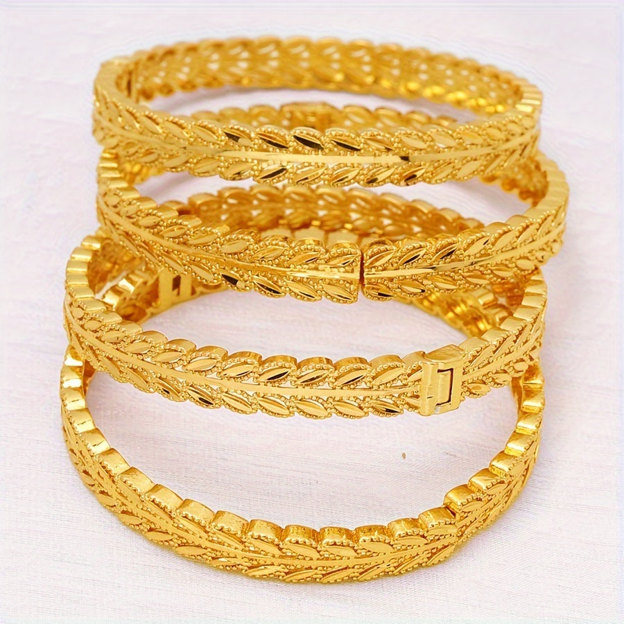 Luxurious Ethnic Style Copper Jewelry Set featuring 4 Golden Leaf Pattern Bangles for Banquets and Hand Accessories.