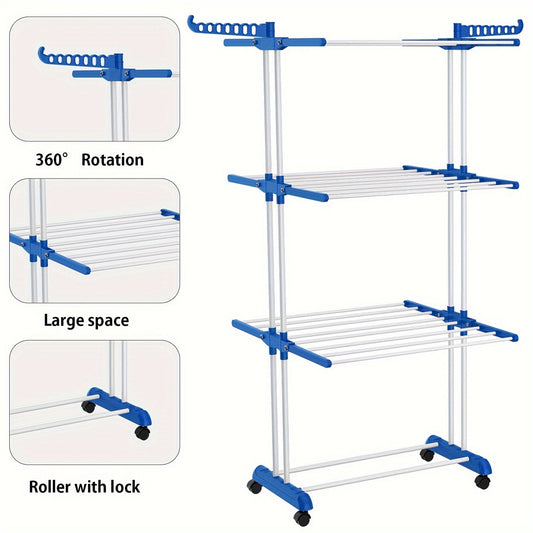 Floor Standing Drying Rack with Movable Telescopic 3-Layer Towel Rack, Multi-Functional Household Balcony/Outdoor Folding Clothes Drying Rack (Roller Type)