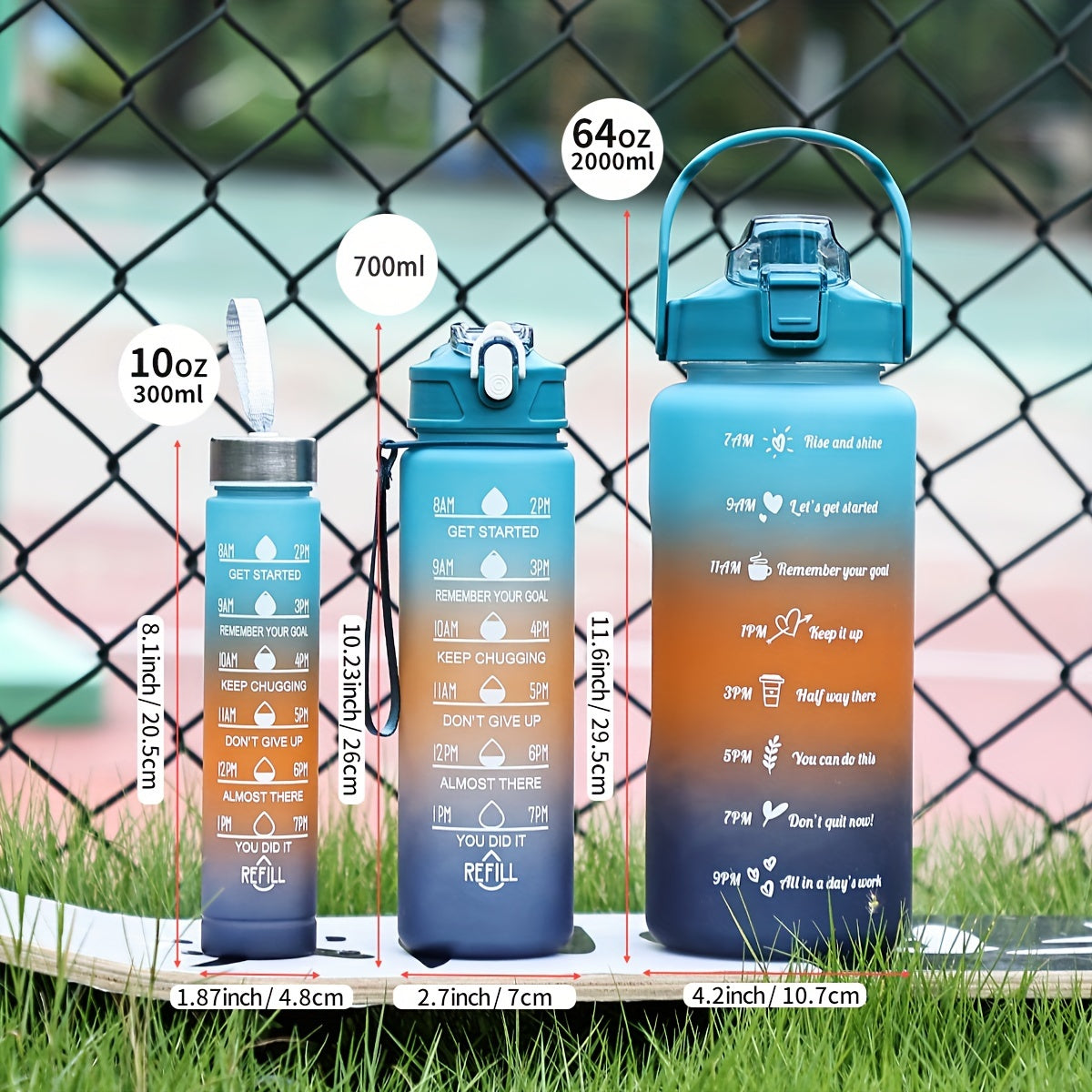 Lightweight sports water bottle with straw, gradient color, motivational phrases, large capacity, BPA-free, ideal for hiking and camping.