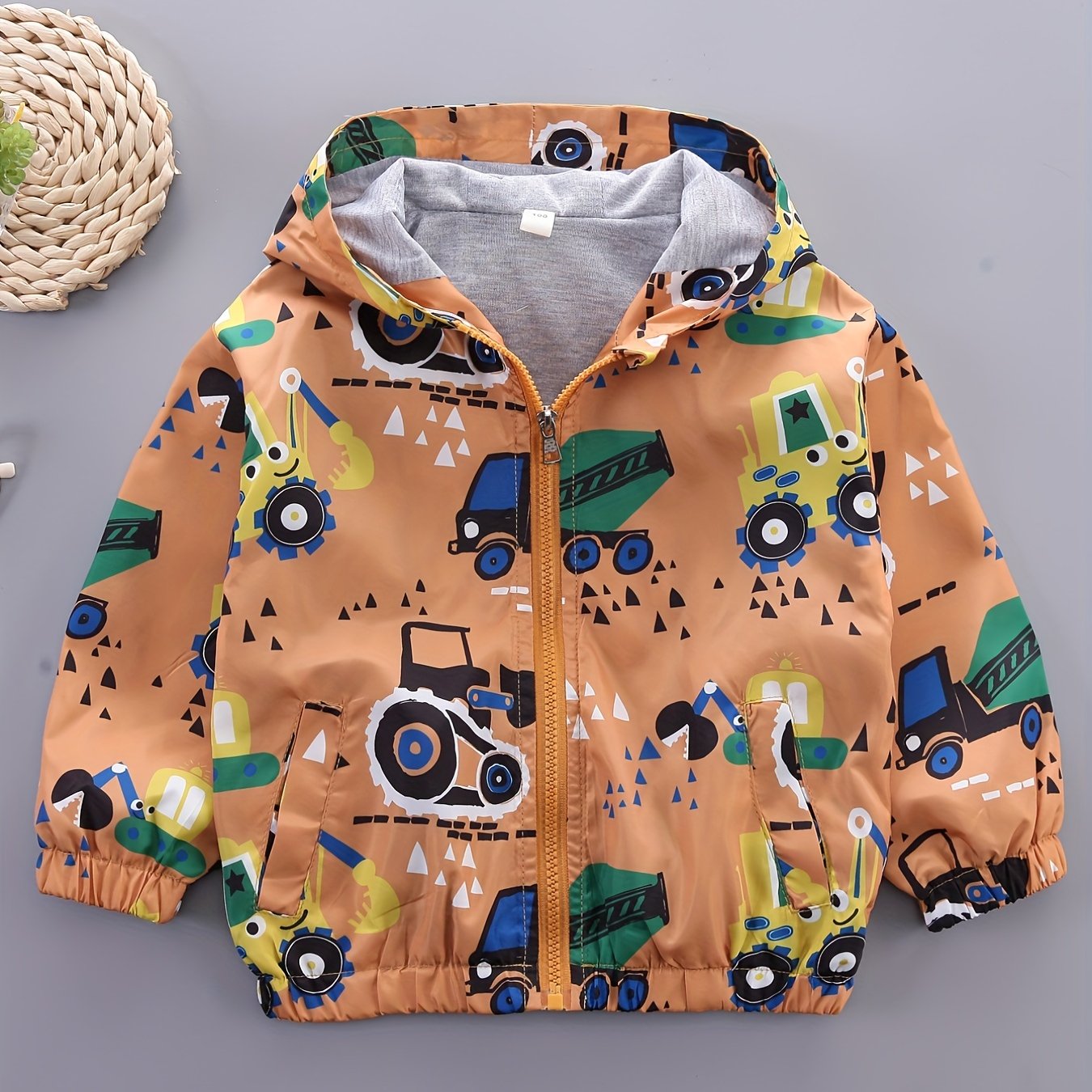 Gray Excavator Print Kids Hooded Jacket for Girls and Boys