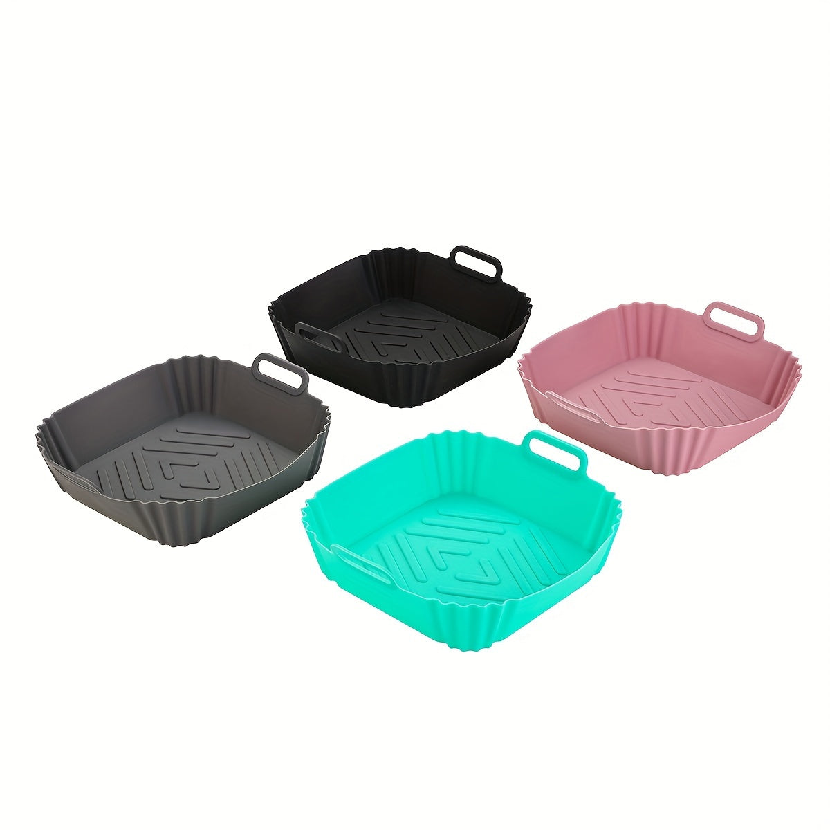 Get a square-shaped 1-piece reusable silicone air fryer baking pan that is non-stick and heat resistant up to 240°C. It comes with textured grip handles for easy handling and is perfect for making crispy chicken and more. An essential kitchen accessory