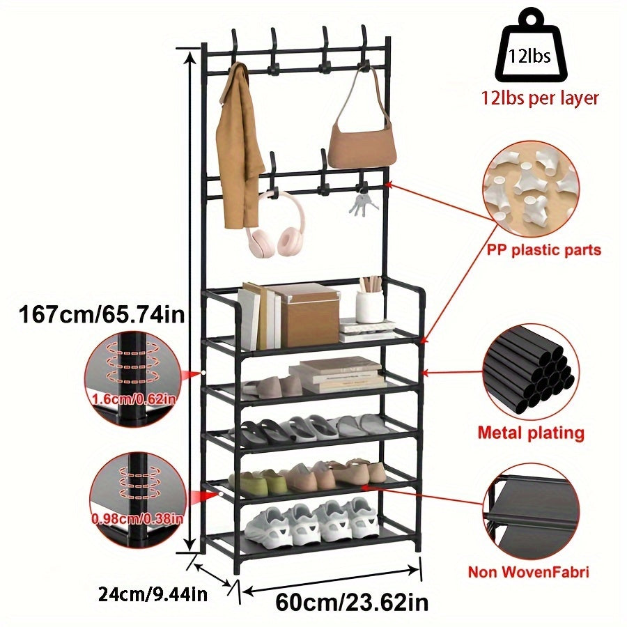 Durable 5-tier black metal shoe and hat rack with 8 hooks, ideal for entryway or living room. Easy assembly and versatile storage solution.