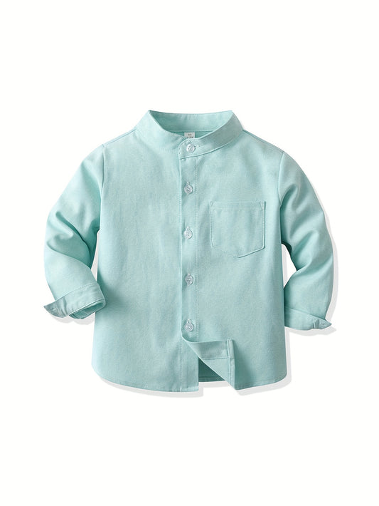 Pink long sleeve shirt for kids with gentleman style, chest pocket, soft cotton blend - great for weddings, parties, and birthdays.