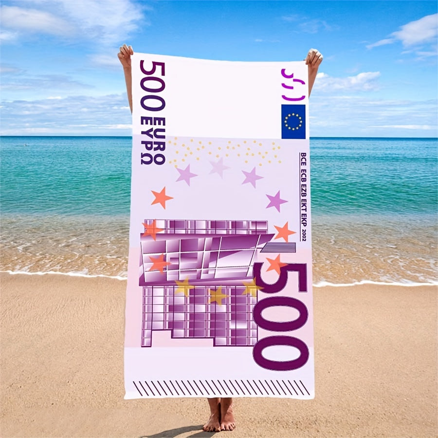 Euro pattern beach towel made of soft microfiber, ideal for outdoor activities and beach vacations.