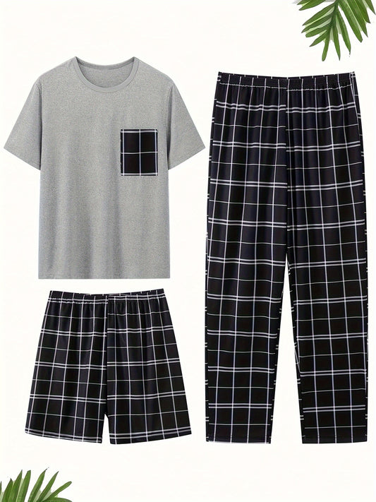 Men's 3-piece pajama set in black/white, featuring a short-sleeve tee with plaid pocket, elastic waist shorts, and pants. Made of soft polyester blend, machine washable.