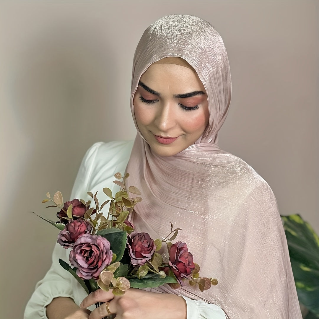 Pleated crinkled design hijab with glitter chiffon for elegant Muslim headwear.