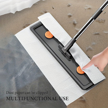 The Flat Mop and Bucket Set features a Self-Wringing System for hands-free floor cleaning. This set includes 2 reusable pads and does not require electricity. It is perfect for cleaning the living room, bedroom, bathroom, toilet, and kitchen.