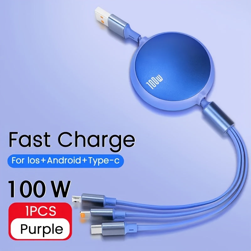 Retractable USB charging cable with 6A 100W fast charging for iPhone, Huawei, Samsung, etc. Data sync speed of 480Mbps and USB power supply under 36V.