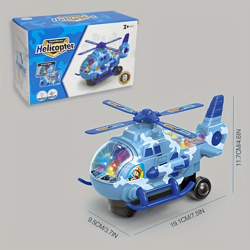 Toy electric helicopter for kids with lights and music, can rotate 360 degrees, made of sturdy plastic, perfect for boys and girls, great for holidays and playtime.