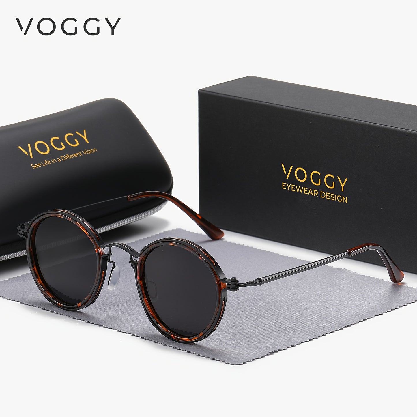 VOGGY Retro Metal Polarized Fashion Glasses - Black Frame with Brown Tortoiseshell Accents, Stylish Round Design for Men & Women. Ideal for Driving, Fishing, Cycling, Hiking & Outdoor