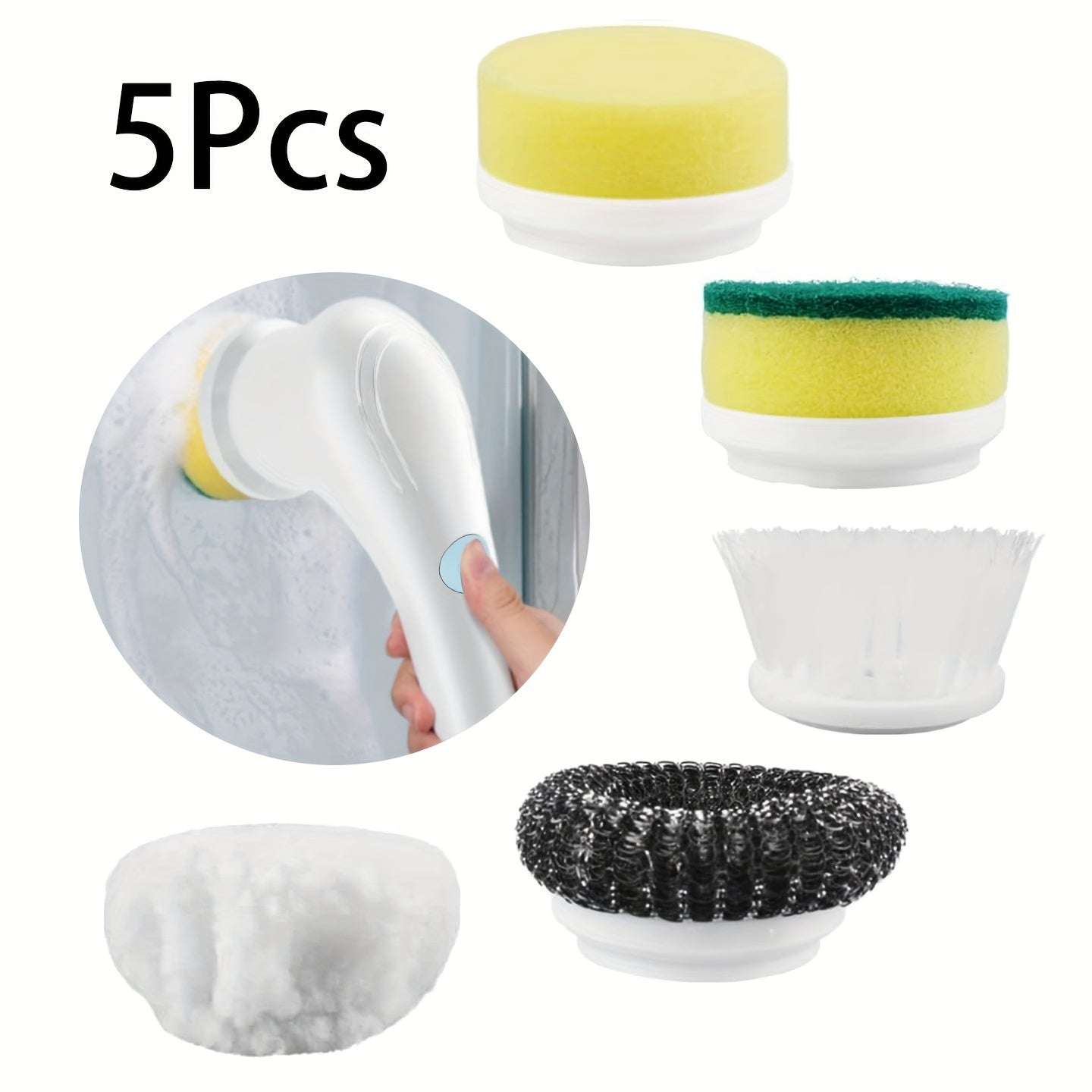 Set of 5 replacement brush heads for an electric spin scrubber, perfect for all-purpose cleaning in the bathroom, kitchen, tub, tile, and shower. No electricity required, manual operation. Great for cleaning floors, living rooms, and more. (Scrubber not