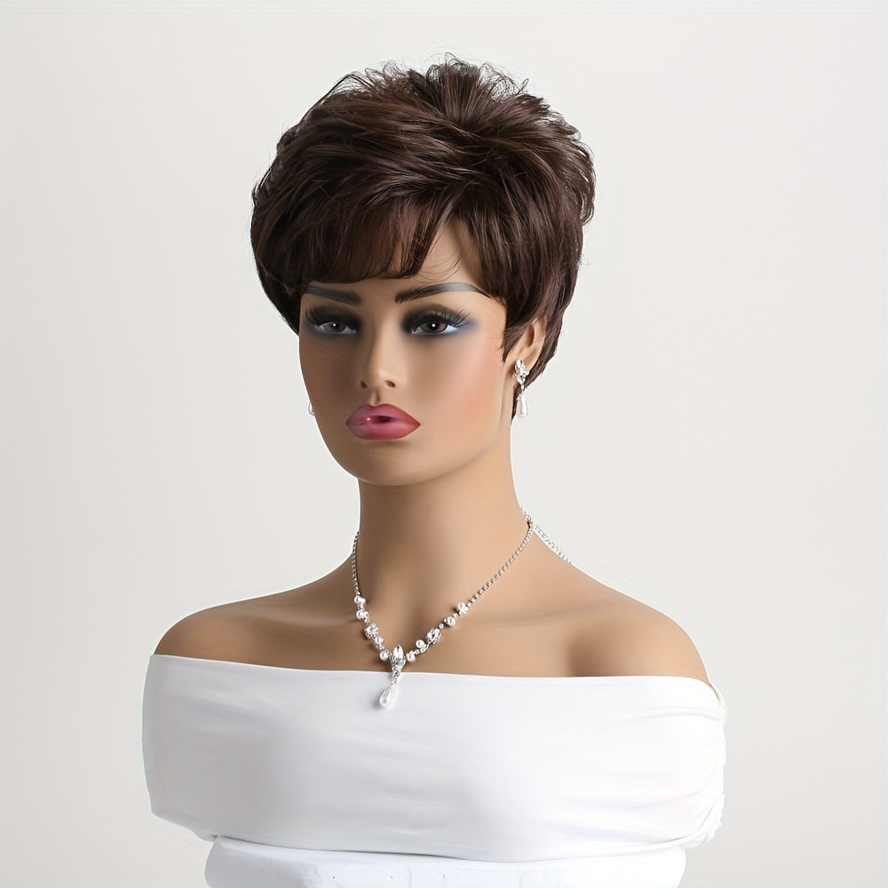 Elegant 10-Inch Synthetic Brown Curly Wig with Side Bangs for Daily Wear