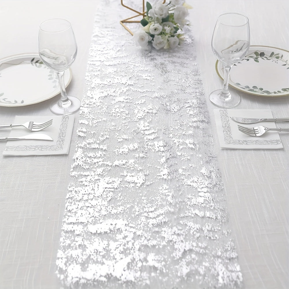 Golden foil linen table runner for special occasions like weddings, birthdays, banquets, and Christmas gifts.