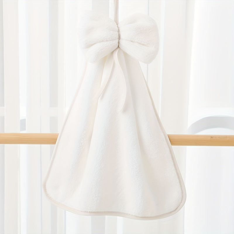 Bowknot Coral Velvet Fingertip Towel, Quick-drying, Absorbent, Cute hanging towel for bathroom.