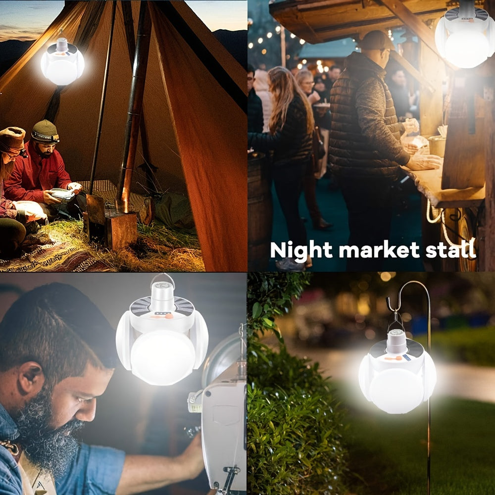 Portable solar-powered LED camping light with hook, rechargeable USB, 800mAh battery, foldable design for tents, home, office, car emergency lighting.