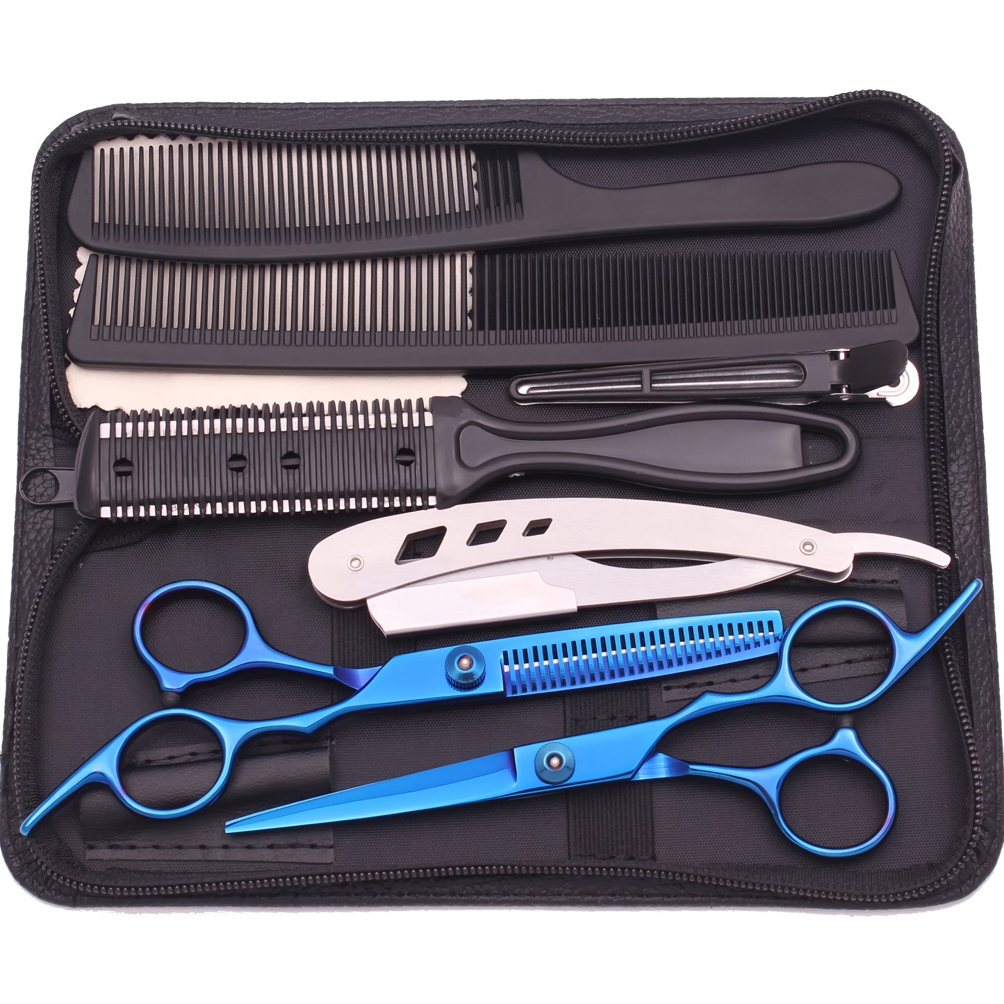 Japanese stainless hair cutting scissors and thinning shears set for barber shops and hairdressing, includes combs and razor