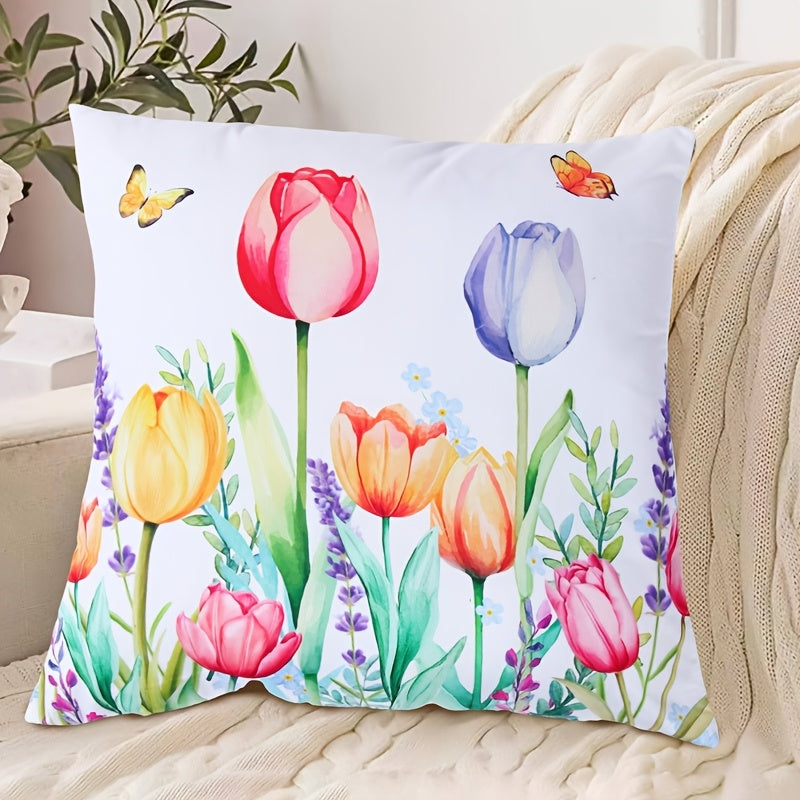 Modern Floral and Butterfly Print Decorative Pillow Cover, Made of Polyester, Easy to Clean in the Washing Machine, Features a Zipper Closure, Ideal for Adding a Touch of Spring to Your Living Room Decor or Party Setting.