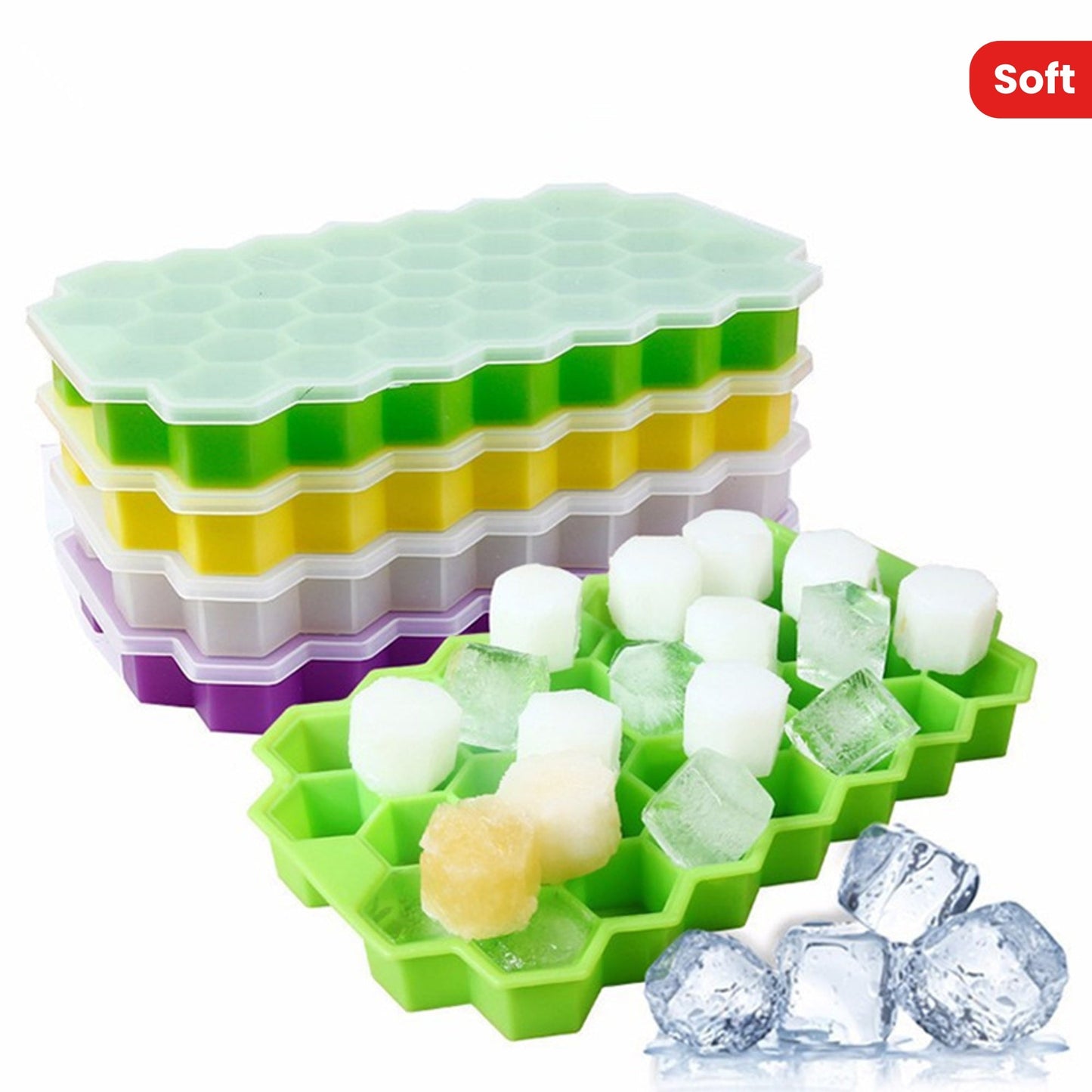 Silicone Hexagon Ice Cube Tray with Lid - 37 Cavity Flexible Mold for Freezer, Soft Drinks, Whisky, Cocktails, and More, Easy Release Ice Maker for Kitchen Accessories