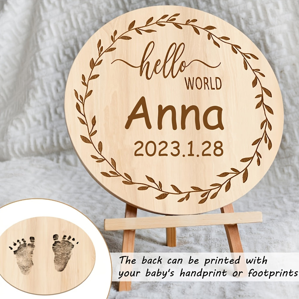 Customized Wooden "Hello World" Announcement Sign with the option for a Handprint or Footprint, a Round Birth Announcement Plaque for Photo Prop, and a Personalized Milestone Keepsake.