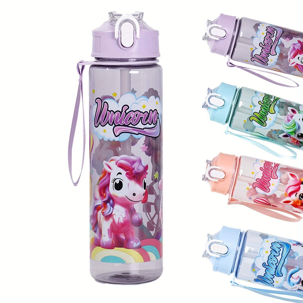 Pony-themed 25oz leakproof water bottle with straw is ideal for camping, travel, and fitness. Durable plastic, PVC-free, perfect for Christmas and Halloween. Hand wash only.