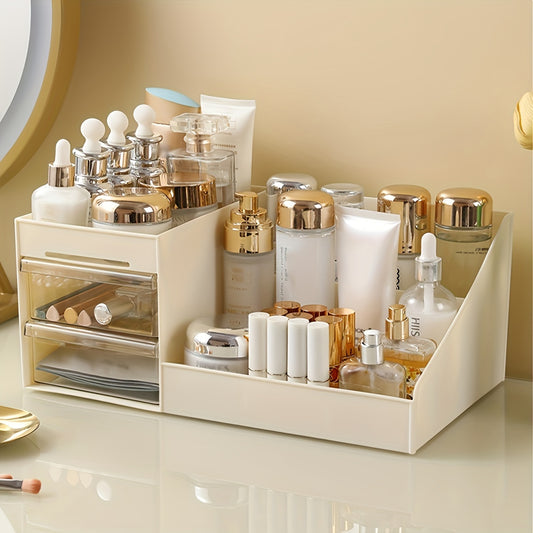 Large makeup organizer with drawers in cream & gold finish. Ideal for skincare, brushes, beauty blenders, perfumes, and nail art. Durable plastic, no power required.