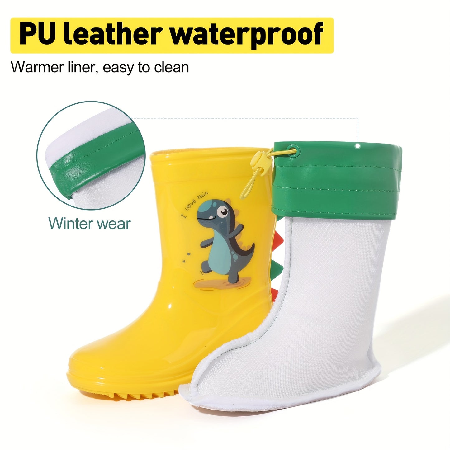 Child's dinosaur rain boots that are thermal detachable, non-slip, waterproof, comfortable, and suitable for all seasons.