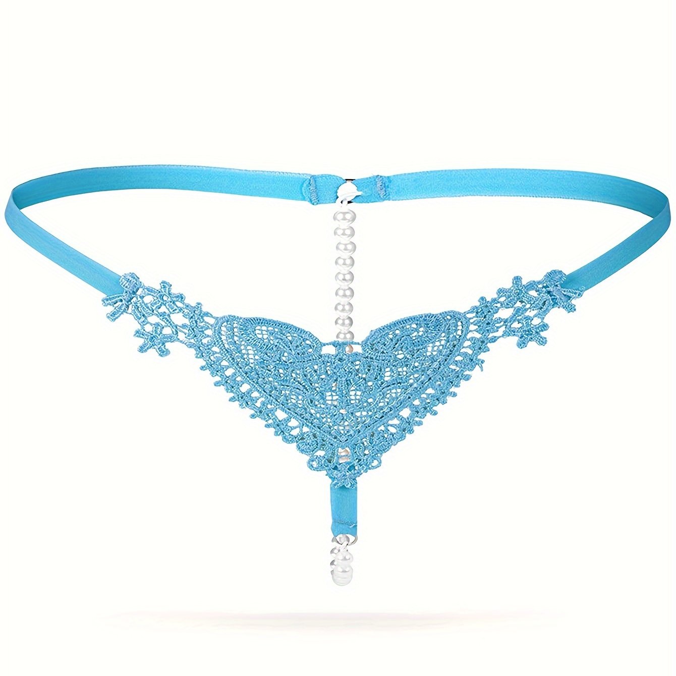 Low-rise thong with pearl embellishments and hollow out design. Breathable polyester, hand washable. Ideal for adults.