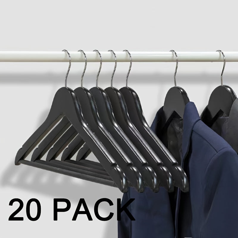 20 wooden hangers with non-slip pants drying rack feature, designed to hold heavy suits securely. Perfect for organizing clothes in your closet, bedroom, home, dorm or any living space. A must-have accessory for your bedroom.