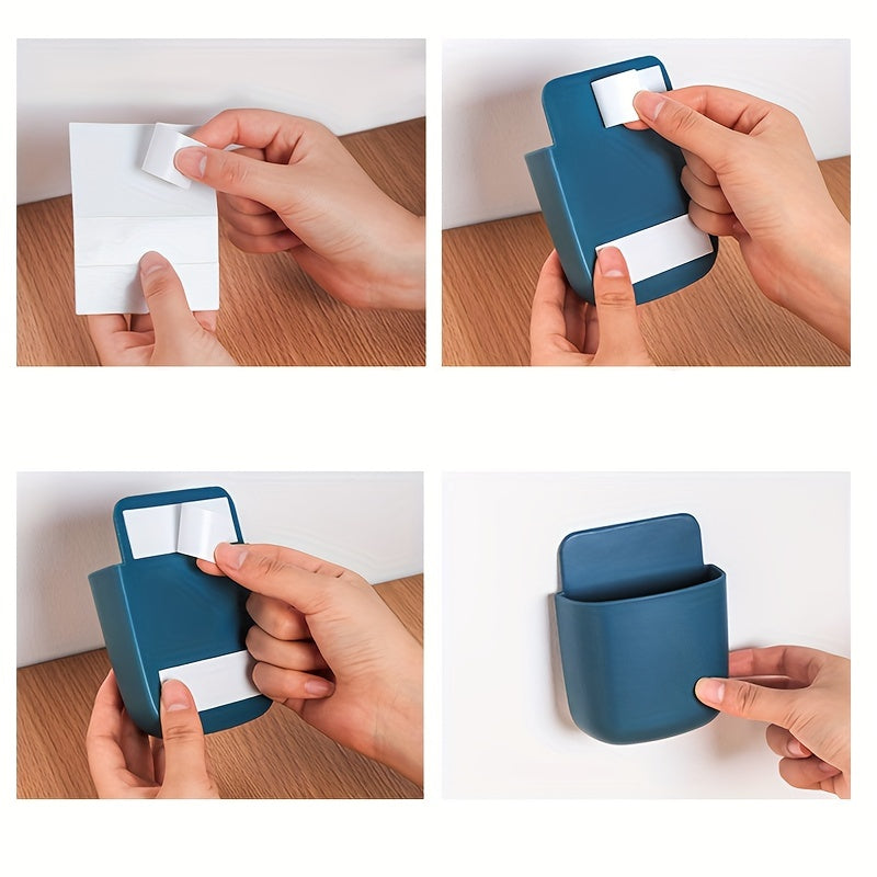 Multifunctional wall-mounted storage box for mobile phones, remotes, and charging cables. Self-adhesive and punch-free. Ideal for home decor and desk organization.