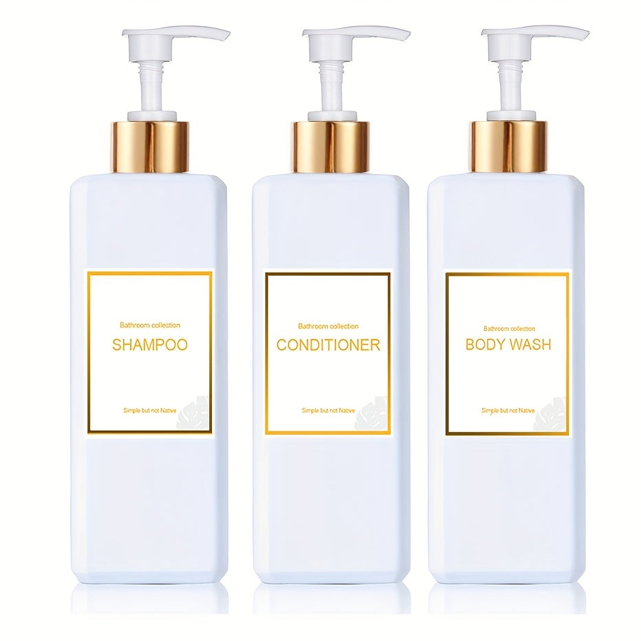 3-piece soap dispenser set with waterproof labels, ideal for bathroom accessories and home decor.