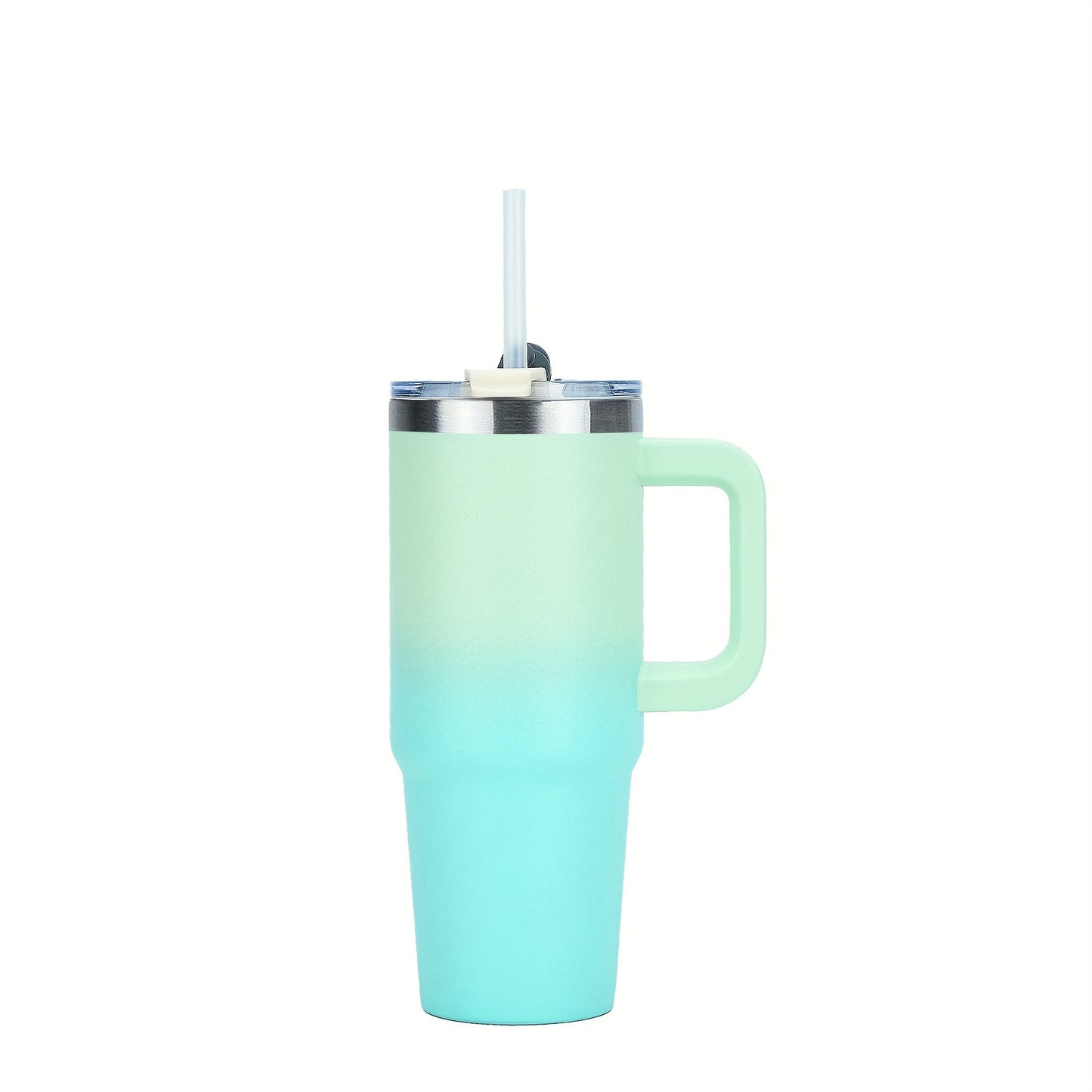 30-40 oz stainless steel vacuum tumbler with handle and straw for hot or cold beverages, includes straw.