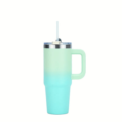 Stainless steel double-layer tumbler with handle, lid, and straw. Vacuum insulated for hot and cold beverages. Ideal for sports and outdoor activities.