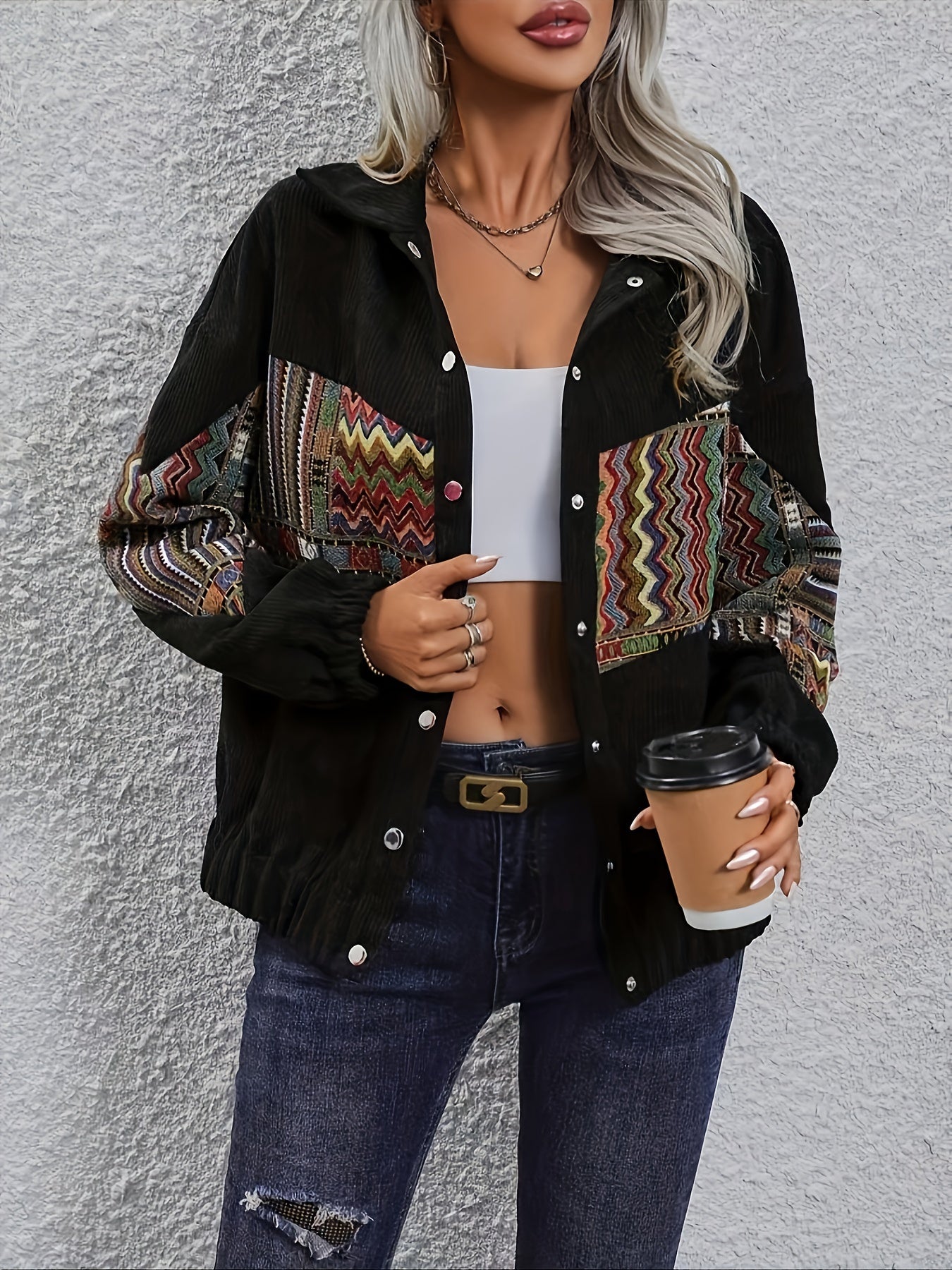 Women's Tribal Print Coat, Casual Jacket for Spring & Fall