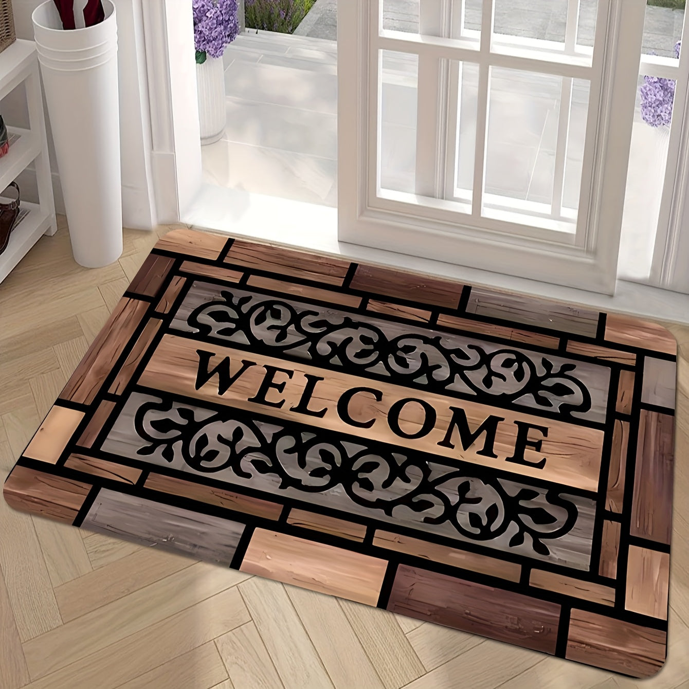 Inviting Entryway: Wood-Texture Door Mat with Anti-Slip Backing, Long-Lasting Polyester Material, Resistant to Stains - Perfect for Home Decor and Welcoming Guests