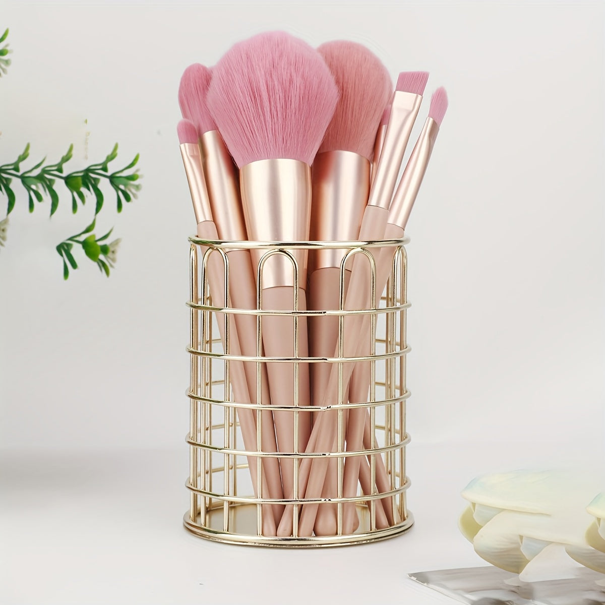 Golden Iron Makeup Brush Holder with Polished Finish, Rust Resistant, Multi-functional Desktop Organizer